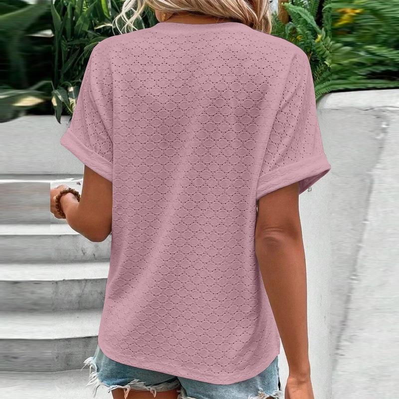 Summer new style women's fashion casual simple all-match button V-neck T-shirt women's short top