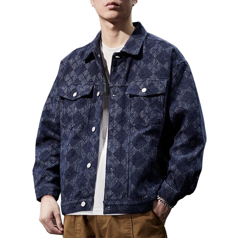 Men's Trendy Plaid Denim Workwear Jacket - Plus Size, Spring/Autumn 2023 Collection