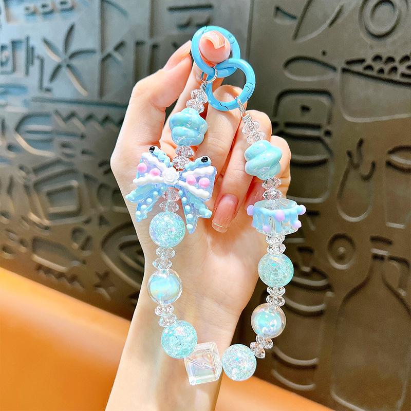 

Кавайная цепочка для телефона с патчем-прокладкой, шармом в виде бантика и бусин, ремешком на запястье против потери, подвеской для чехла для наушников, украшением для сумки синий