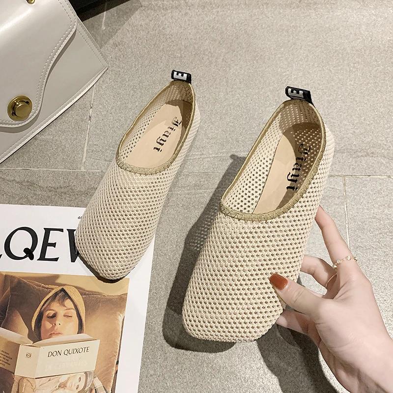 Fashion 2025 Summer Women Flats Hollow Design Breathable Mesh Casual Shoes Solid Color Square Toe Large Size Zapatos De Mujer Flats