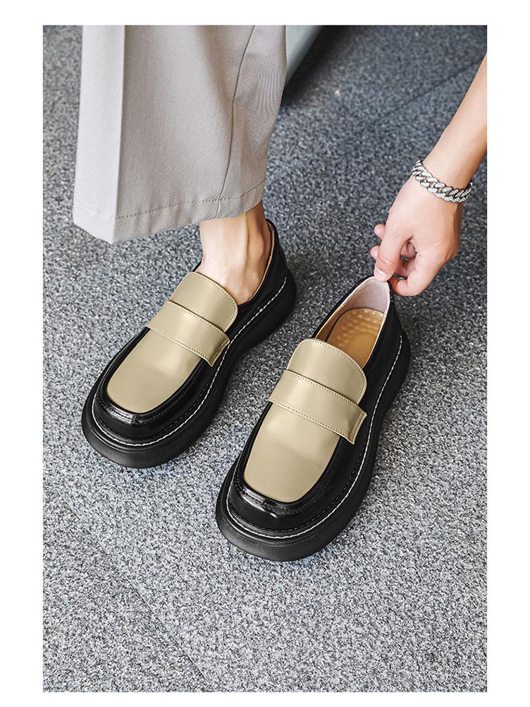 Spring 2024 Round Toe Leather Slip-on Shoes with Thick Sole - British Style, Low Heel, Casual Business Fashion (Model 96599-J)