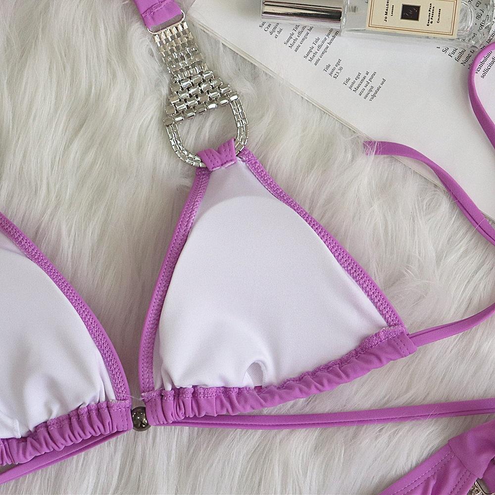 Maillot de bain bikini sexy à bretelles de couleur unie pour la plage, maillot de bain en strass