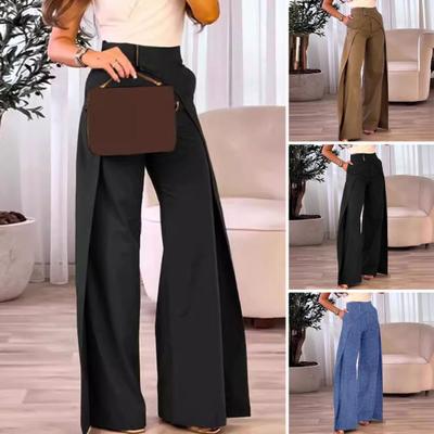 Women Long Pants Cross Design High Waist Casual Pants with Pockets Solid Color Straight Wide Leg