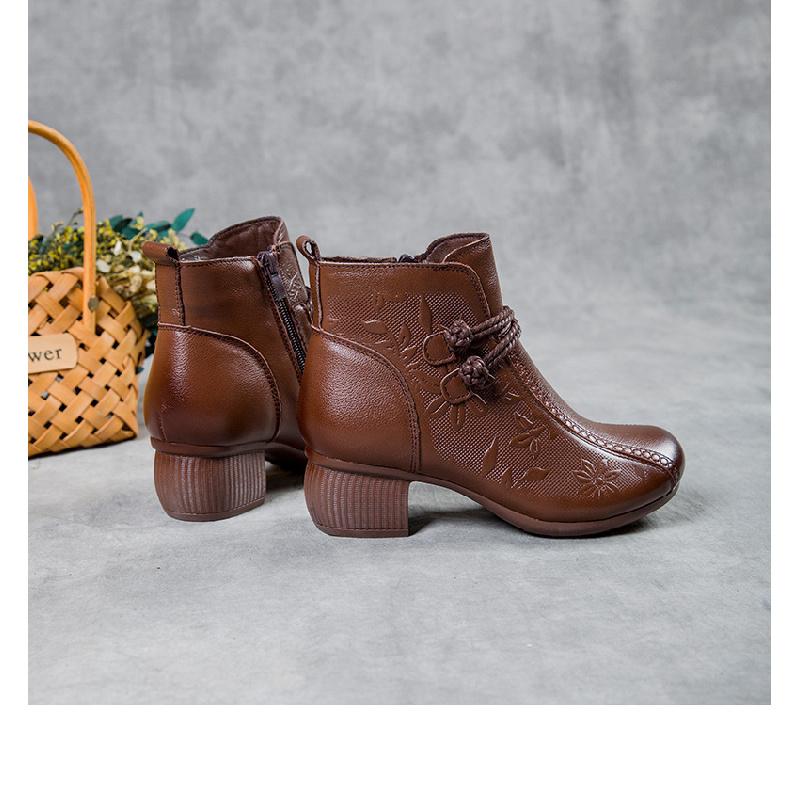 New Women's Retro Chunky Heel Short Boots, Genuine Leather Round Toe Shoes, Non-Slip for Fall/Winter, Commuting & Casual