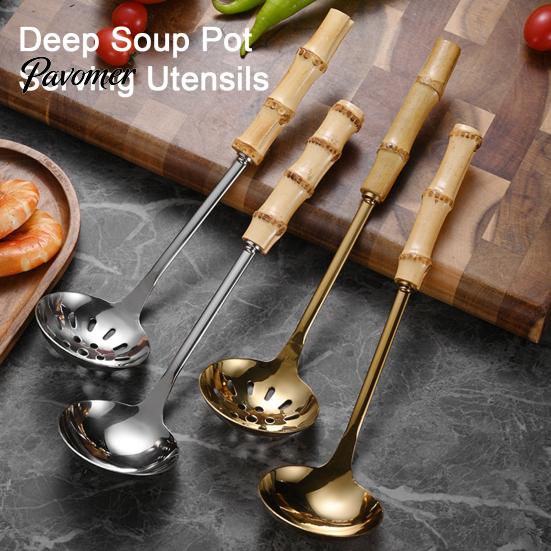 Heat Resistant Bamboo Handle Spoons Stainless Steel Hot Pot Spoon/Colander, Handles Comfortable Grip Soup Spoon, Easy Cleaning Mirror Polished Serving