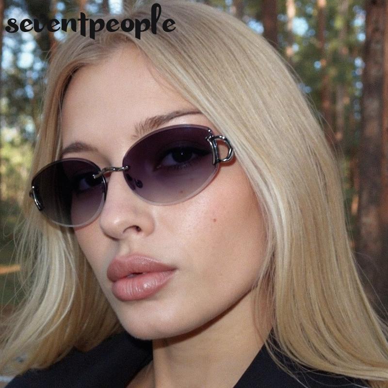 Small Frame Oval Frameless Sunglasses Women  Luxury Brand Vintage Metal Punk Sun Glasses For Ladies Trendy Outdoor Shades