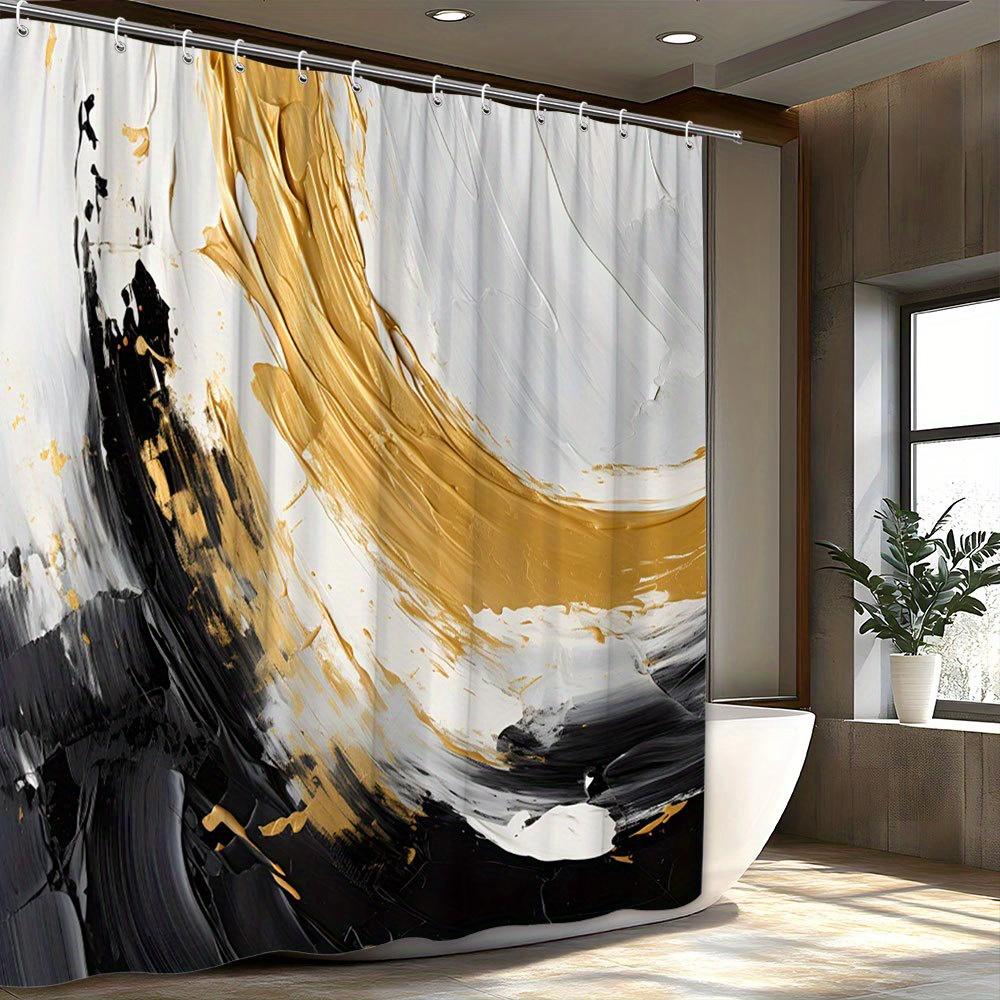 1pc Black & Gold Abstract Shower Curtain - Fluid Swirling Brushstrokes, Modern Elegant Design,Polyester, 70x70",Machine Washable