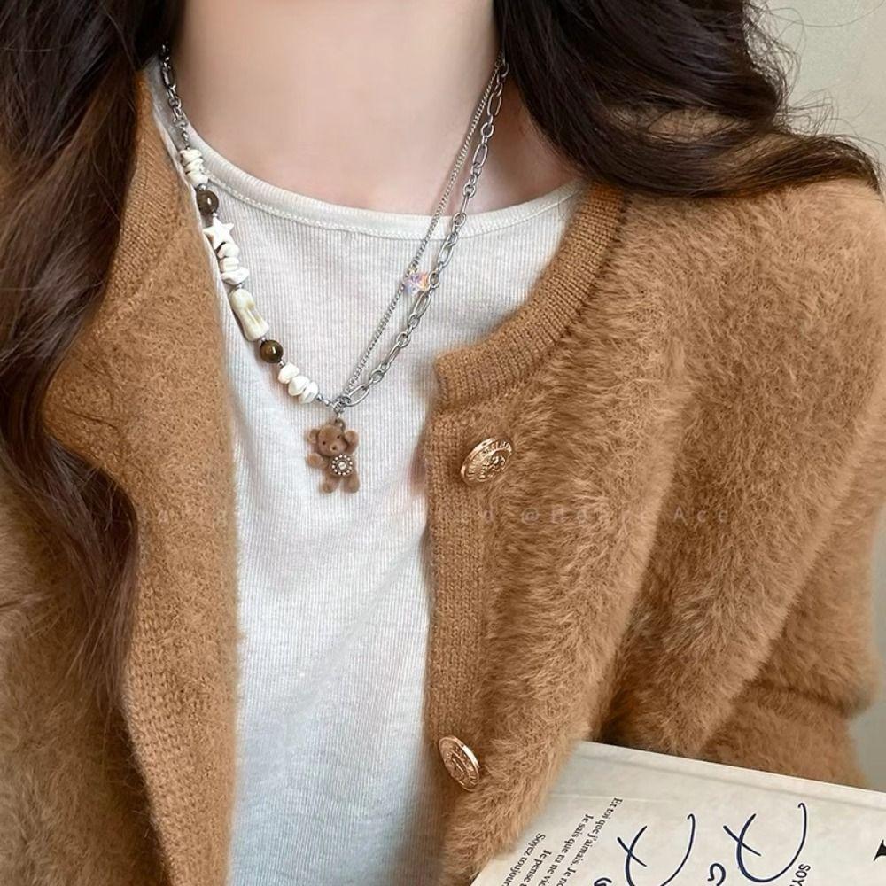 Sweet Bear Pendant Necklace Funny Sweet Choker Cute Flocked Bear Necklace  Sweater Chain