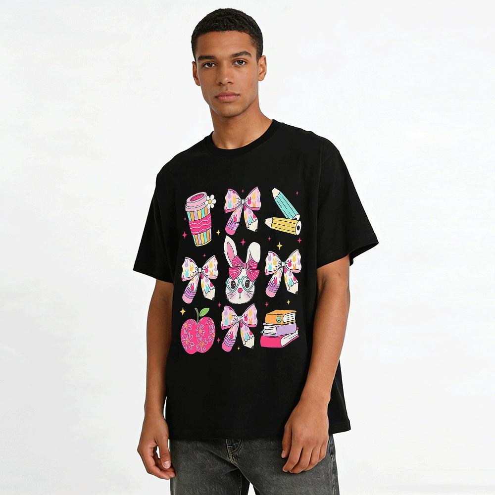 Süßes Kaninchen Schleifenprint Oberteil Kinder Campus Stil Lässiges T-Shirt Reines Baumwoll-T-Shirt