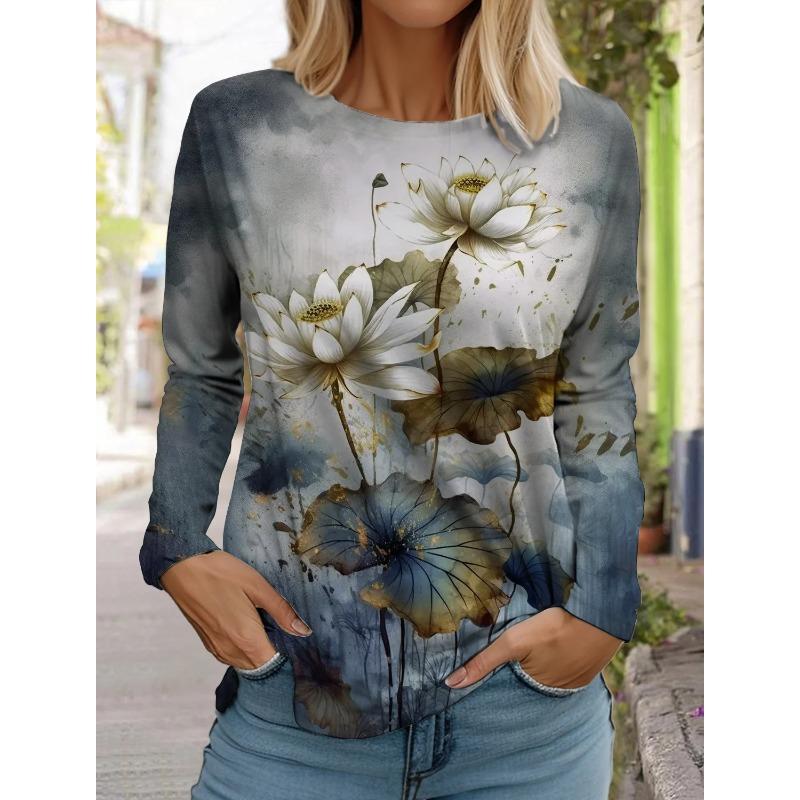 Women's Fashion Retro Tops Long Sleeve Round Neck Pullover Casual Long Sleeve T-shirt 3d Printed Lotus Print T-shirt