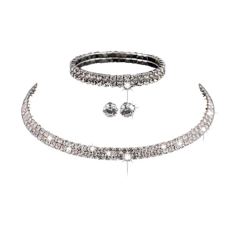 3Pcs Full Diamond Necklace Earrings Bracelets Three Piece Set Of Metal Flower Hollow Collar Bridesmaid Bride Set Female Jewelry