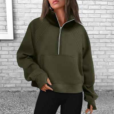 Bluza damska zimowa jesień, półzamek błyskawiczny, stójka, plusz, długie rękawy, kieszeń naszywana, elastyczny ściągacz, jednolity kolor, bluza treningowa, codzienna bluza