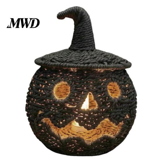 Rustieke Zeegras Opbergmand Handgeweven Halloween Pompoenmand, Spookachtige Snoepmand met Deksel, Vintage Rotan Houder Verlichte Lantaarn LED Kaars voor Tafel