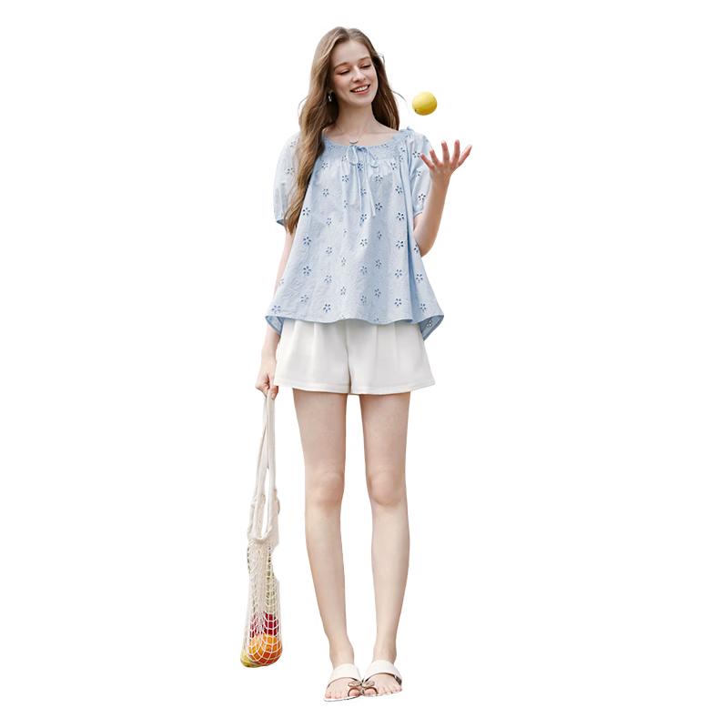 Xiangying Women s Hollow Embroidered Puff Sleeve Blouse M