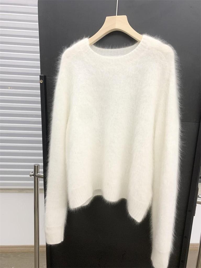 Women's Thickened White Cashmere Sweater - Pure Wool Brushed Long Hair Cardigan