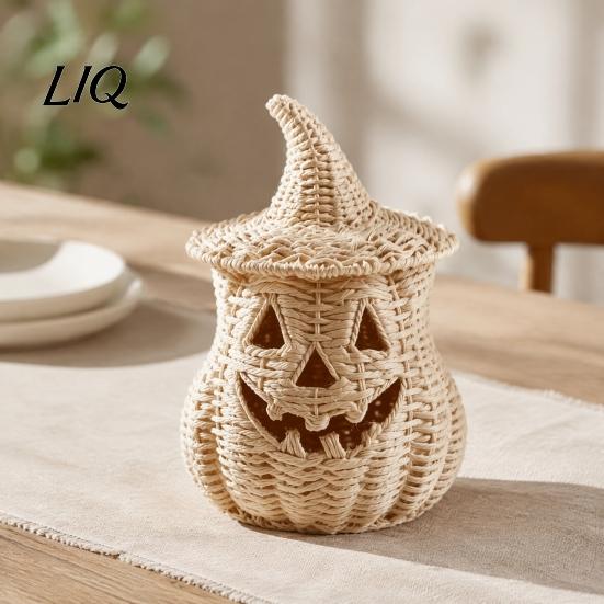 Halloween Pumpkin Ornament Spooky Storage Box, Resin Jack-O-Lantern Tealight Box Holder, Hollow Tabletop Decoration for Party