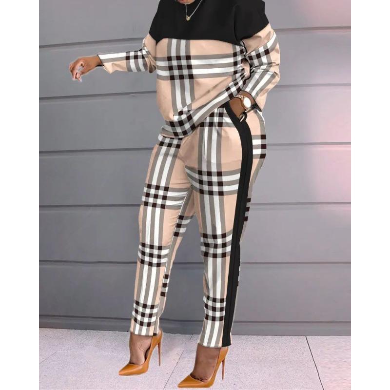 Women's Fashion Casual Spring Autumn Stripe Print Long Sleeve O-Neck Trousers Pants Suits