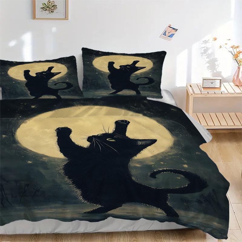 

3Pcs Black Cat Moon Night Printed Bedding Set, Breathable And Soft,(Includes 1 Duvet Cover And 2 Pillowcases, Quilt Not Included) yy250815179 135x200cm
