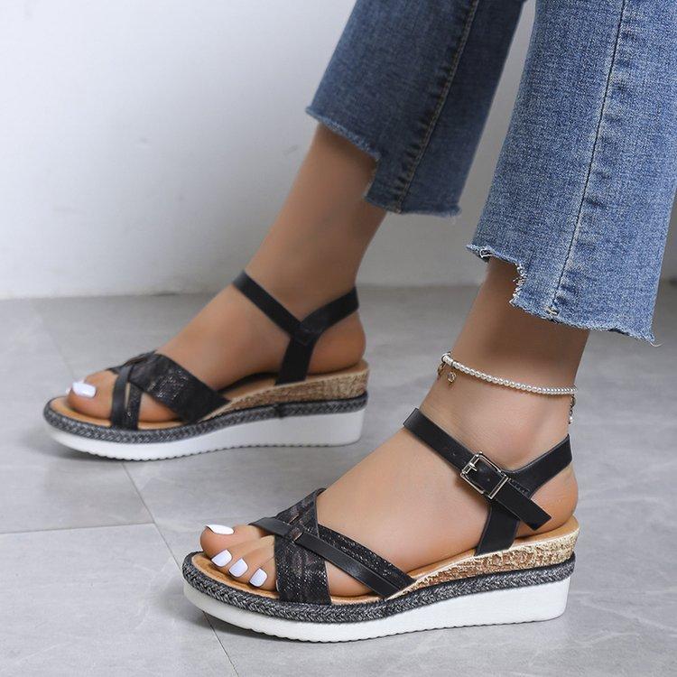 

Retro Round Head Women Wedge Shoes Minimal Open Toe Buckle Strap Rome Sandals Casual Outdoor Plus Size Ladies Sandalias 36 чёрный