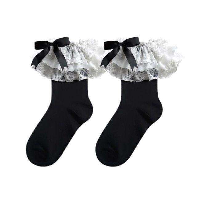 Kawaii Lolita Lace Calf Stockings Multi Layer Bow Cotton Jk Japanese Long Stockings Vintage Gothic Palace Cosplay Accessories