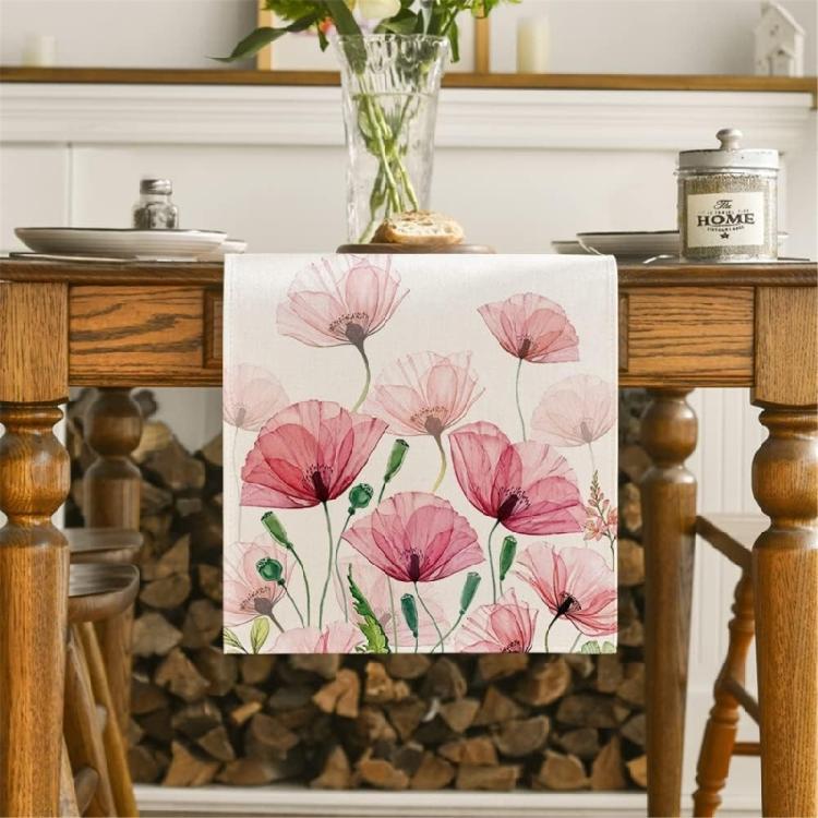 Dining Room Linen Table Runner with Flower Pattern Kitchen Table Ornament Tablecloth Decoration for Holiday Festivities