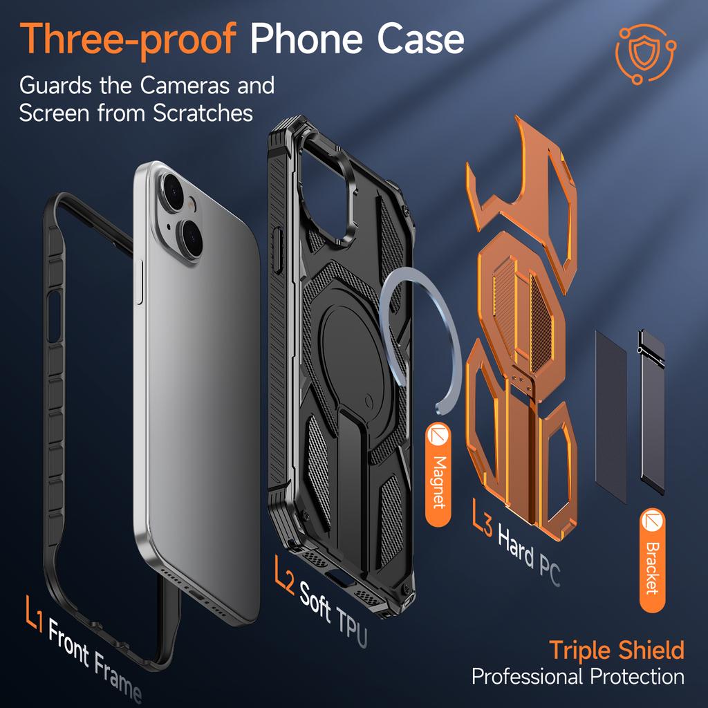 For iPhone 13 Magnetic Case Rotating Kickstand PC + TPU Shockproof Drop-proof Phone Cover