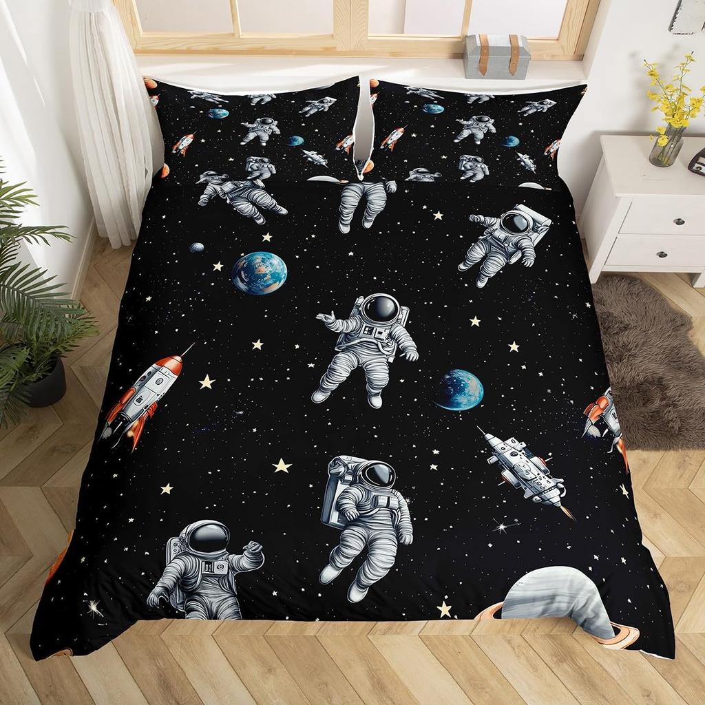 Space Theme Astronaut 3D Print Bedding Set Cozy Duvet Cover King Queen Twin Single Size Birthday Gift Boy Girl Kid Bedroom Decor