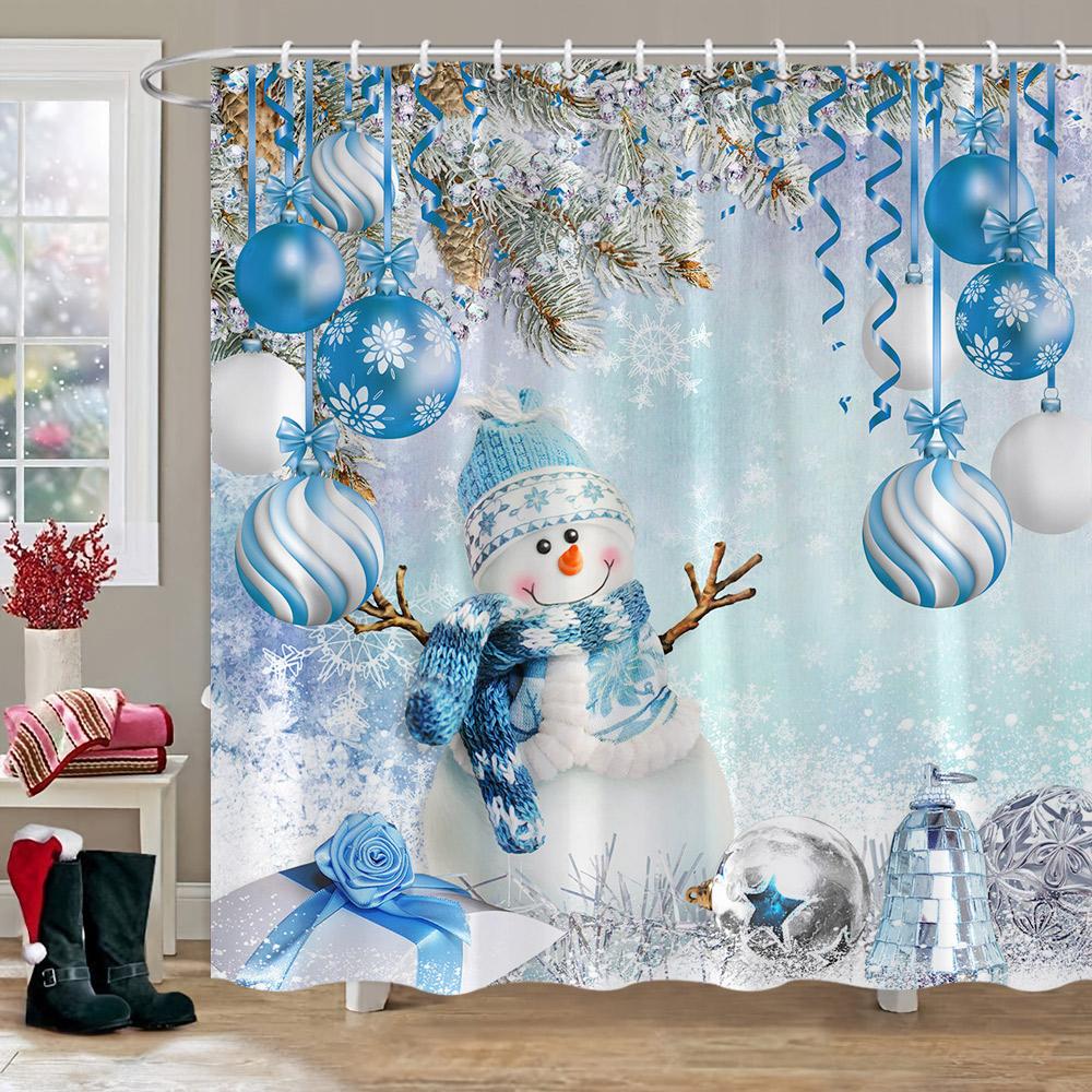 Christmas Snowman Shower Curtain Merry Santa Elf Deer Red Truck Polyester Fabric Printed Bath Curtains Bathroom Decor With Hoo