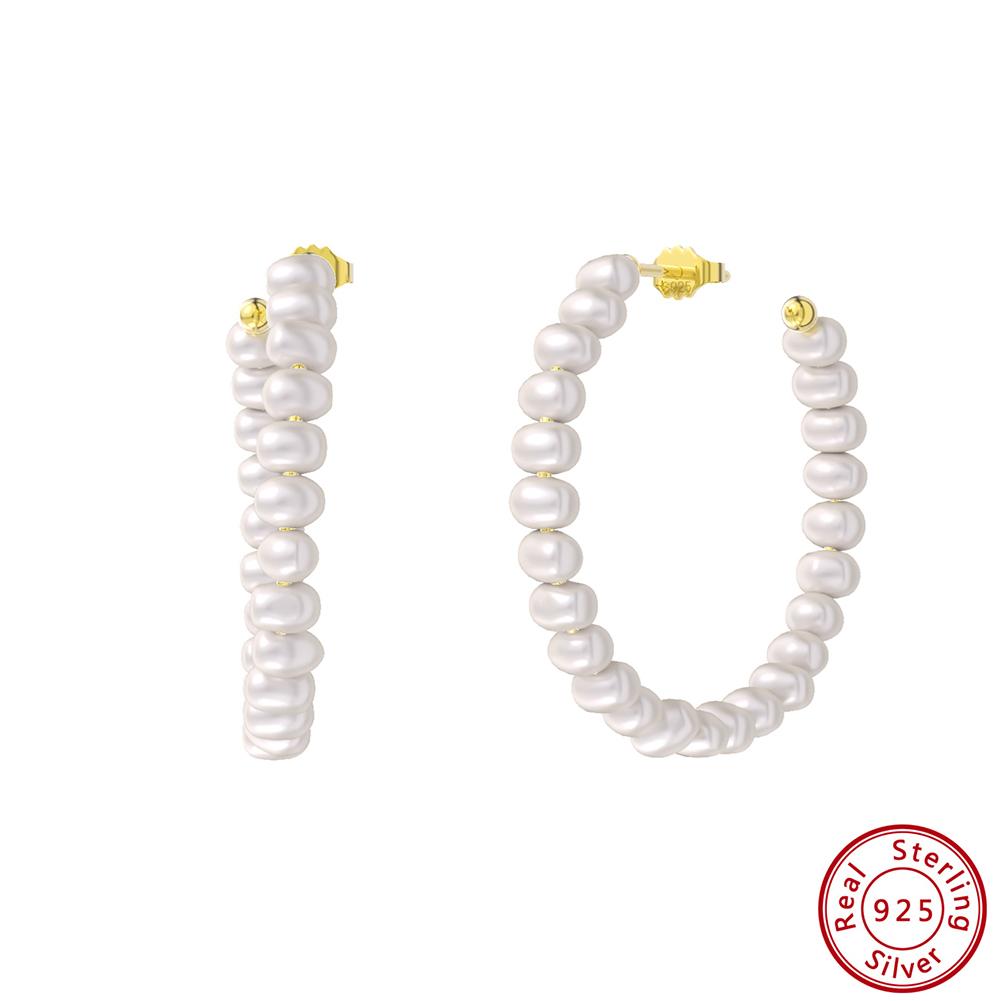 ORSA JEWELS Natural Pearl Hoop Earrings Gold Plated Large Circle Round Pearl Beads Earrings Jewelry Birthday Gift Women GPE69