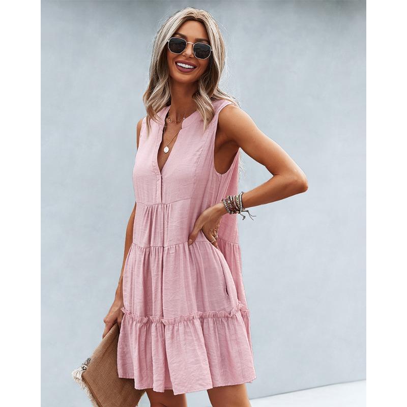 Damen V-Ausschnitt Sexy Einfarbiges Kleid Sommer Ärmelloses Kleid