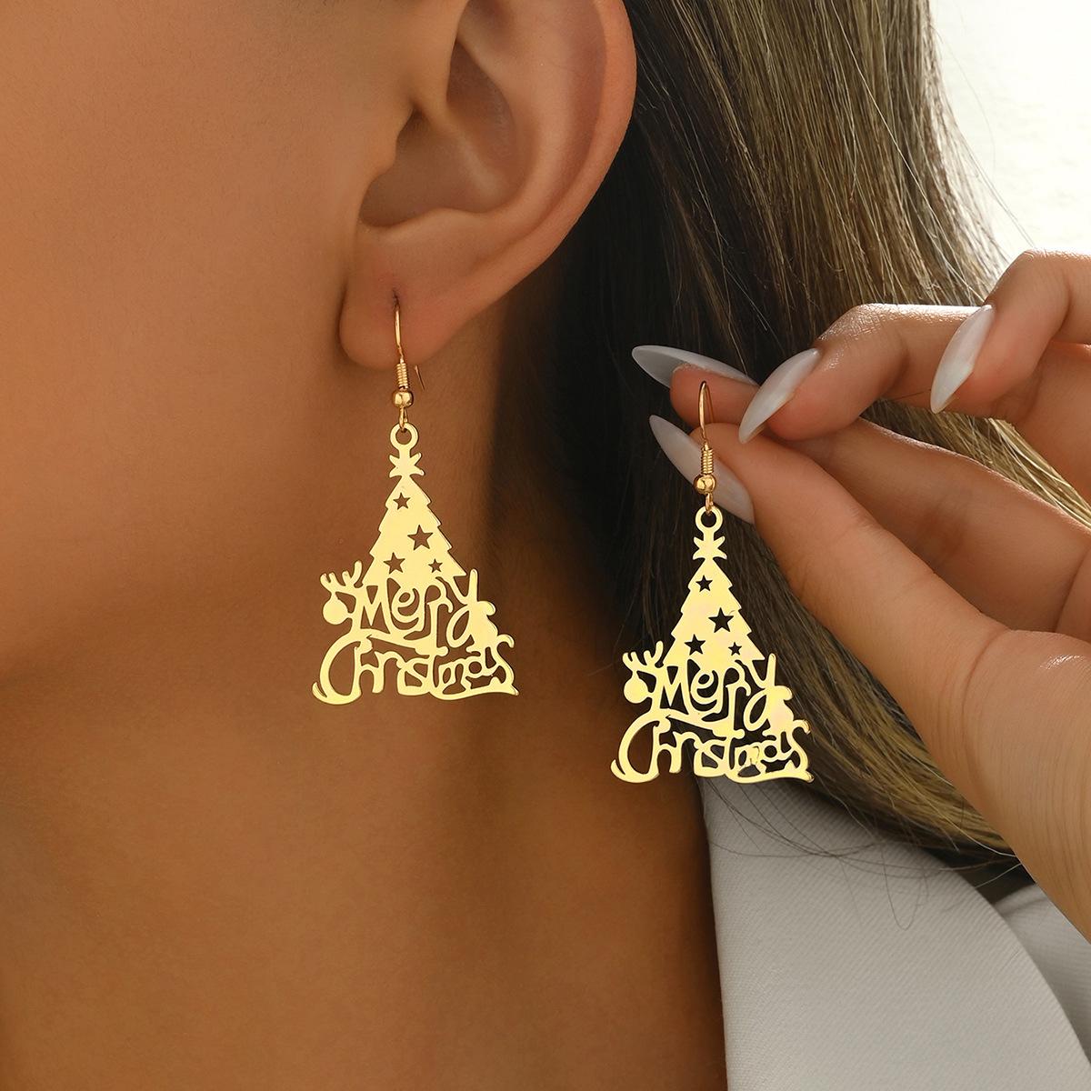 

Geometric Hollow Letter Christmas Tree Earrings – Creative & Stylish Design Electroplated