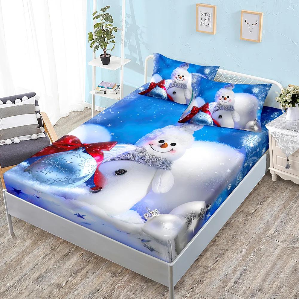 Winter Printed Fitted Sheet Santa Claus Snowflake Polyester Elastic Band Mattress Cover Pillowcase Fashion Bedding Bedroom Decor