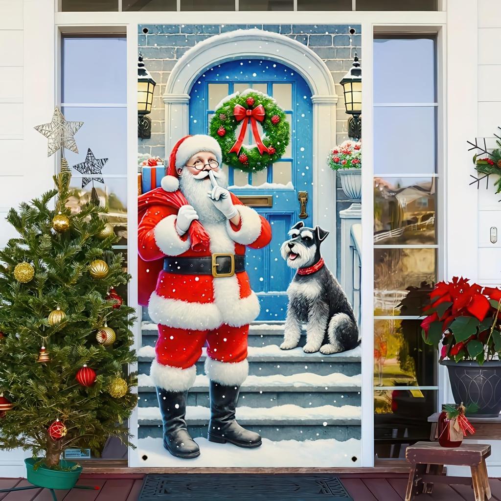 Large Santa Claus Christmas Door Cover 2025 Xmas Outdoor Decoration Funny Santa Hanging Backdrop for Home Porch Front Door