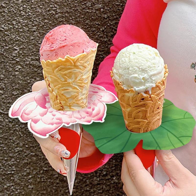 60 Pcs Anti-Drip Paper Tray For Ice Cream Cone Flower Shape Paper Drip Proof Ice Cream Holder Card