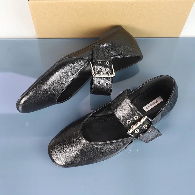 Fashion High Quality Women's Mary Jane Shoes Vintage Round Toe Soft Leather Black Decorative Strap Buckle Barefoot Flats for Female