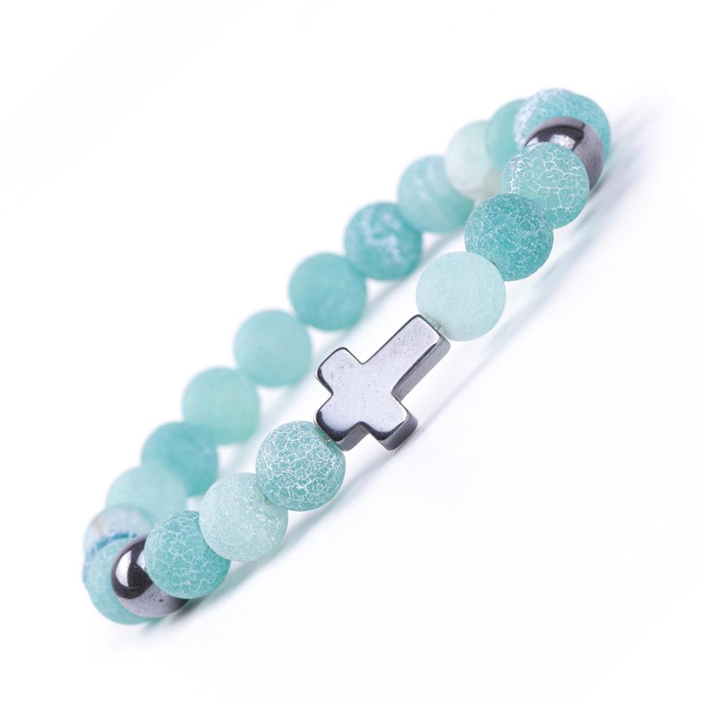 Natural Stone Cross Bracelets Colorful Weathering Agate Cross Elastic Rope Bracelet For Men Women Charm Yoga Jewelry