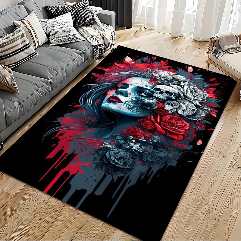 Mystical Skull and Roses Art Rug Non-slip rug suitable for living room and bedroom sofas.