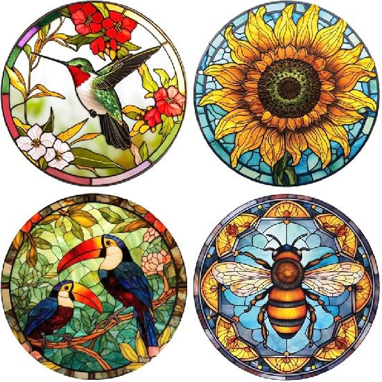 4 Stained Glass Anti-Collision Hummingbird Window Clings Decals - Removable Non Adhesive Vinyl Decals Style C