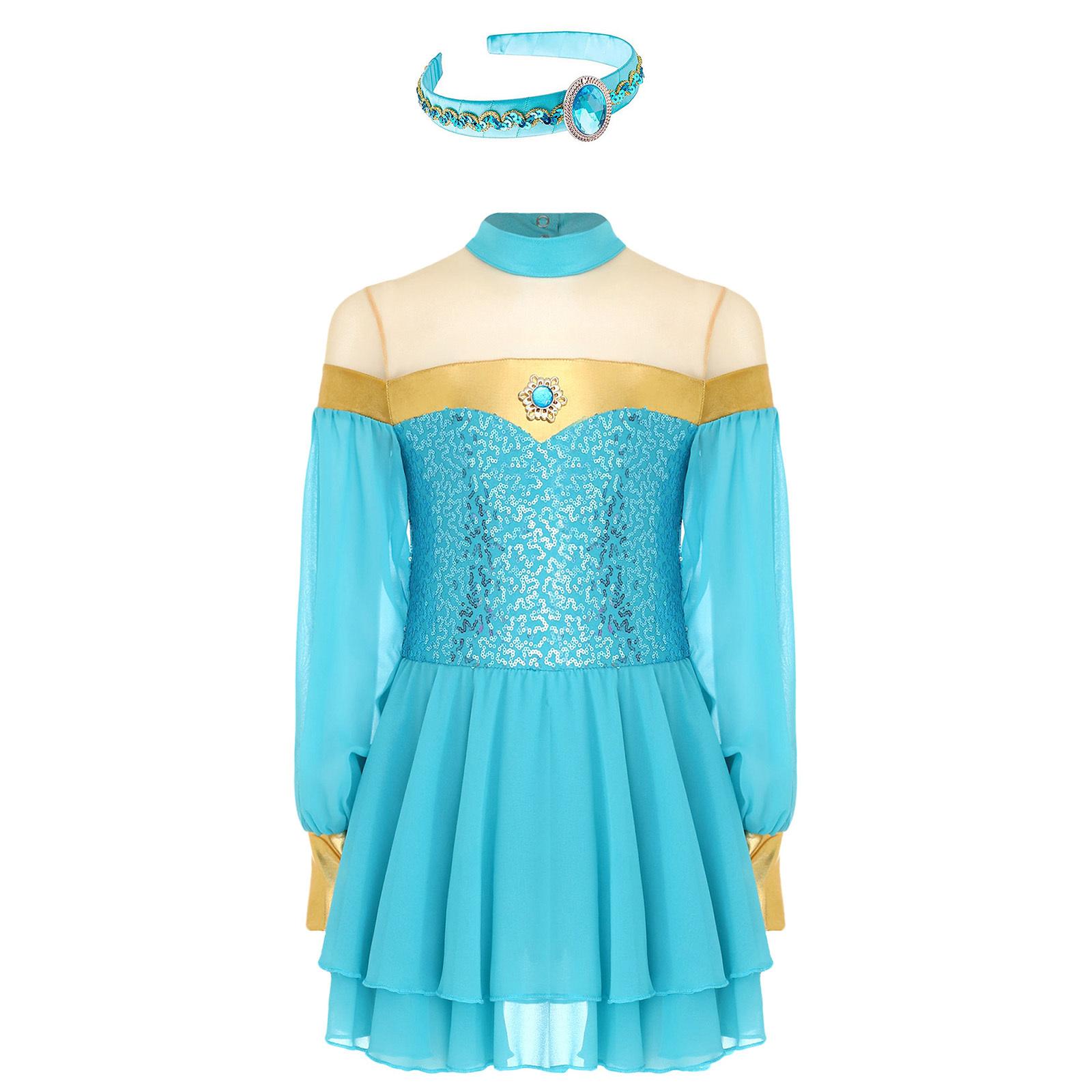 

Костюм арабской принцессы для девочек, платье из тюля с рукавами-фонариками, отделкой из драгоценных камней и пайеток, пэчворк, с обручем для волос для Хэллоуин-вечеринки 5-6 Years светло-синий