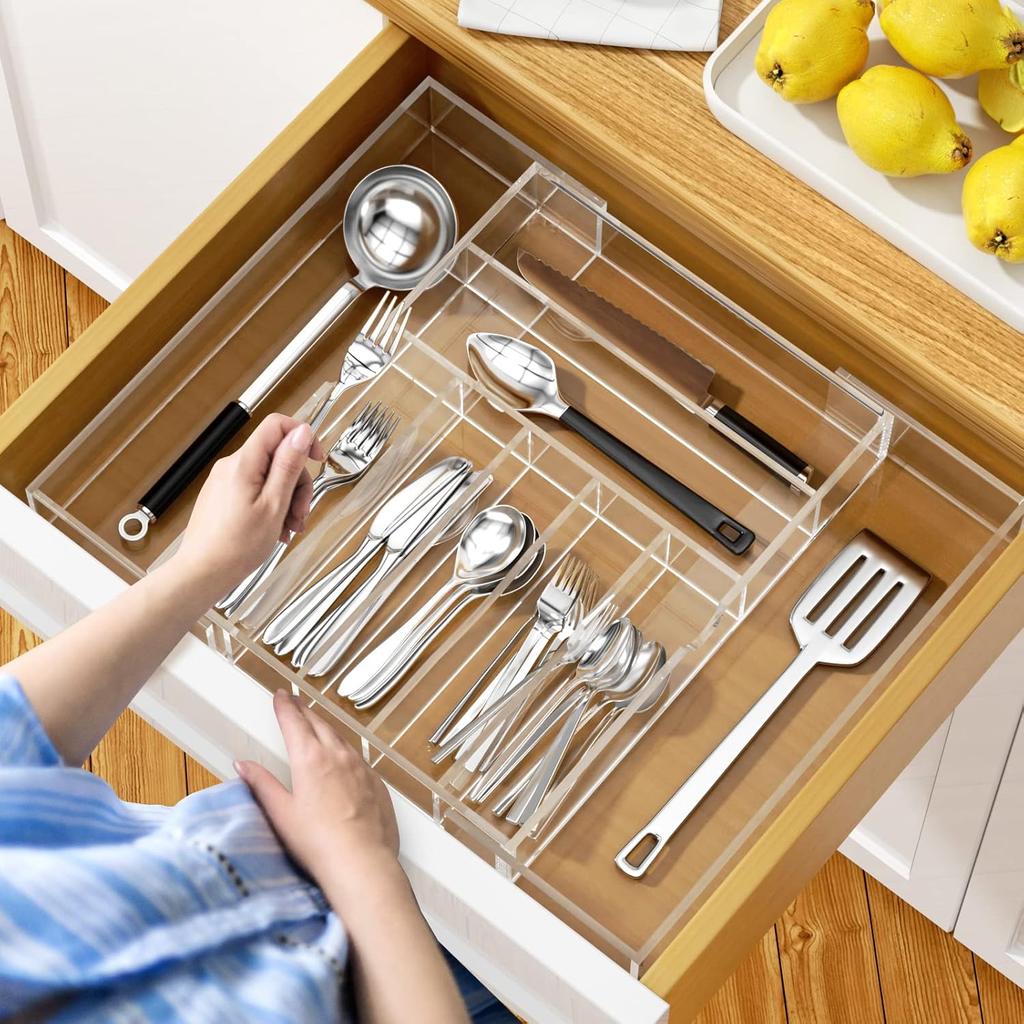 NIUBEE Expandable Kitchen Drawer Organizer for Flatware and Utensils,Clear Acrylic Adjustable Silverware Tray for Drawer,Office,Bathroom Supplies-9