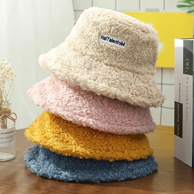 Lamb Wool Bucket Hat Winter Warm Hats For Women Lady Thicken Flat Top Cap Unisex Men Panama Outdoor Fisherman Hat Caps