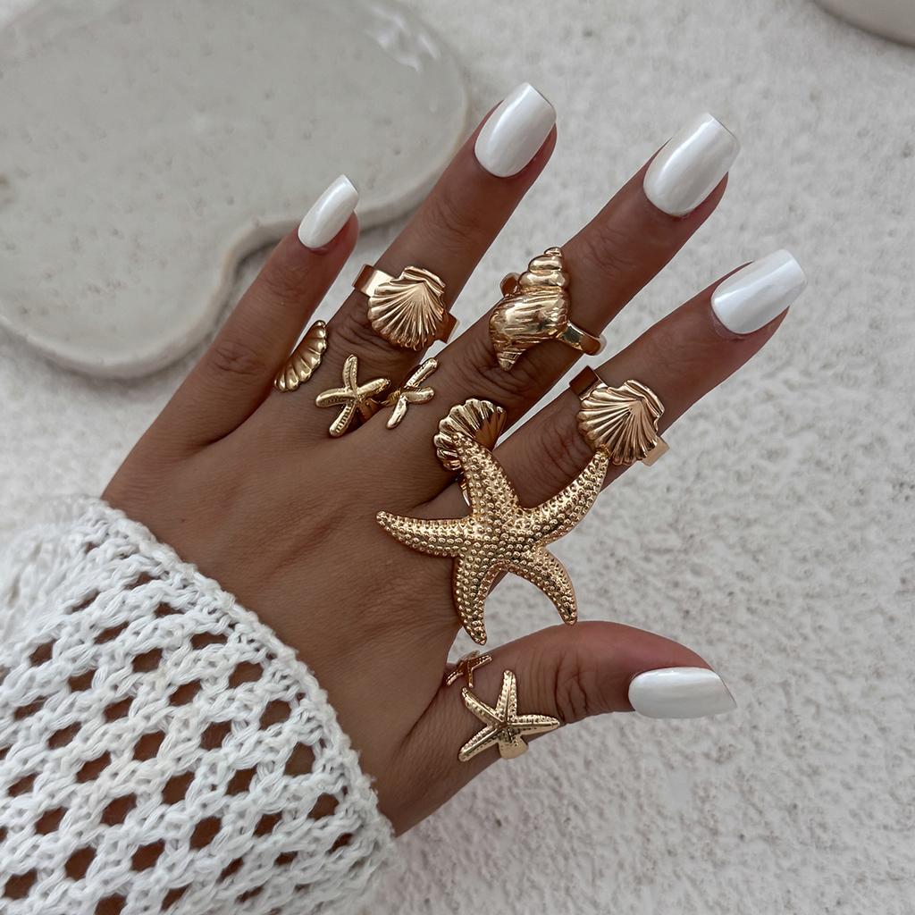 Ingemark 12Pcs/Set Punk Starfish Scallop Open Cuff Bangles Adjustable Rings for Women Boho  Armband Bracelets Summer Jewelry Set