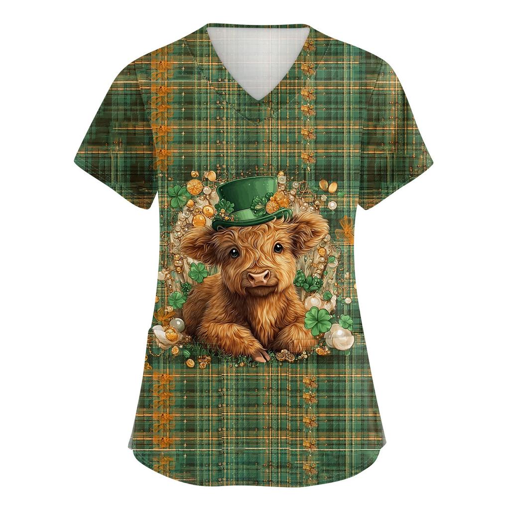 Women's V-neck St. Patrick's Day Printed Short-sleeved Pocket Side-slit Protective Suit Top