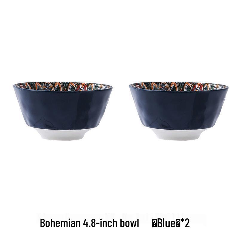 Bohemian Ceramic Rice Bowl Set - High-Temp Resistant, Colorful Underglaze Design