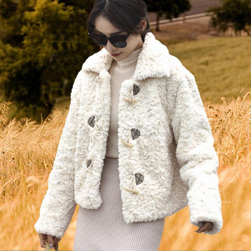 

Haining autumn and winter new imitation mink thickened plush jacket fur integrated women s coat imitation leather horn buckle large size S