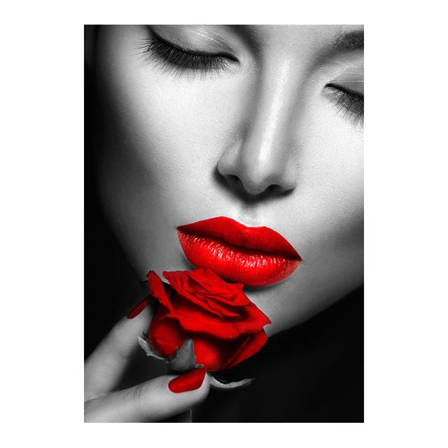 

Красные губы и розы Женский портрет Настенная живопись маслом Эстамп Гостиная 21cm×30cm NoFrame