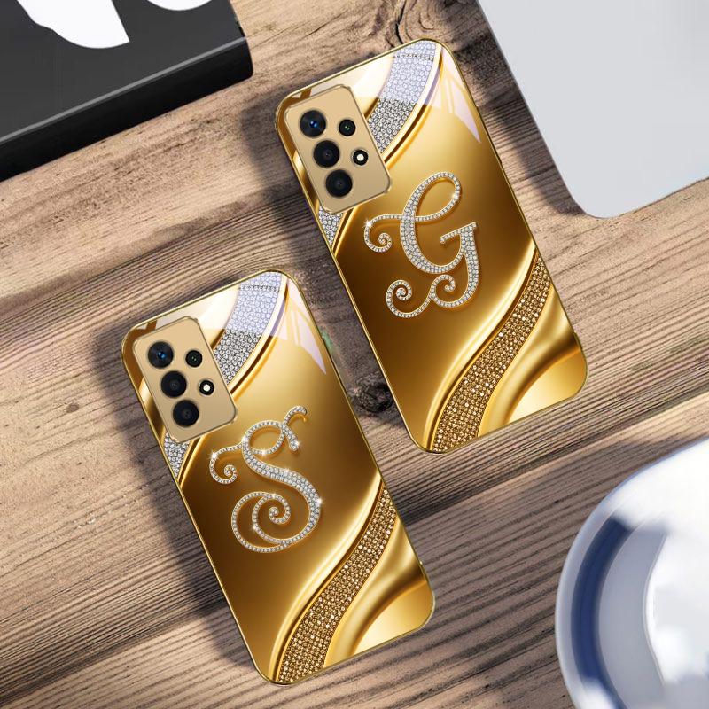 Gorgeous Letters "M W" For Samsung A73 A72 A71 A42 A56 A55 A54 A53 A52s A52 A51 A36 A35 A34 A33 A32 A16 Golden Glass Phone Case