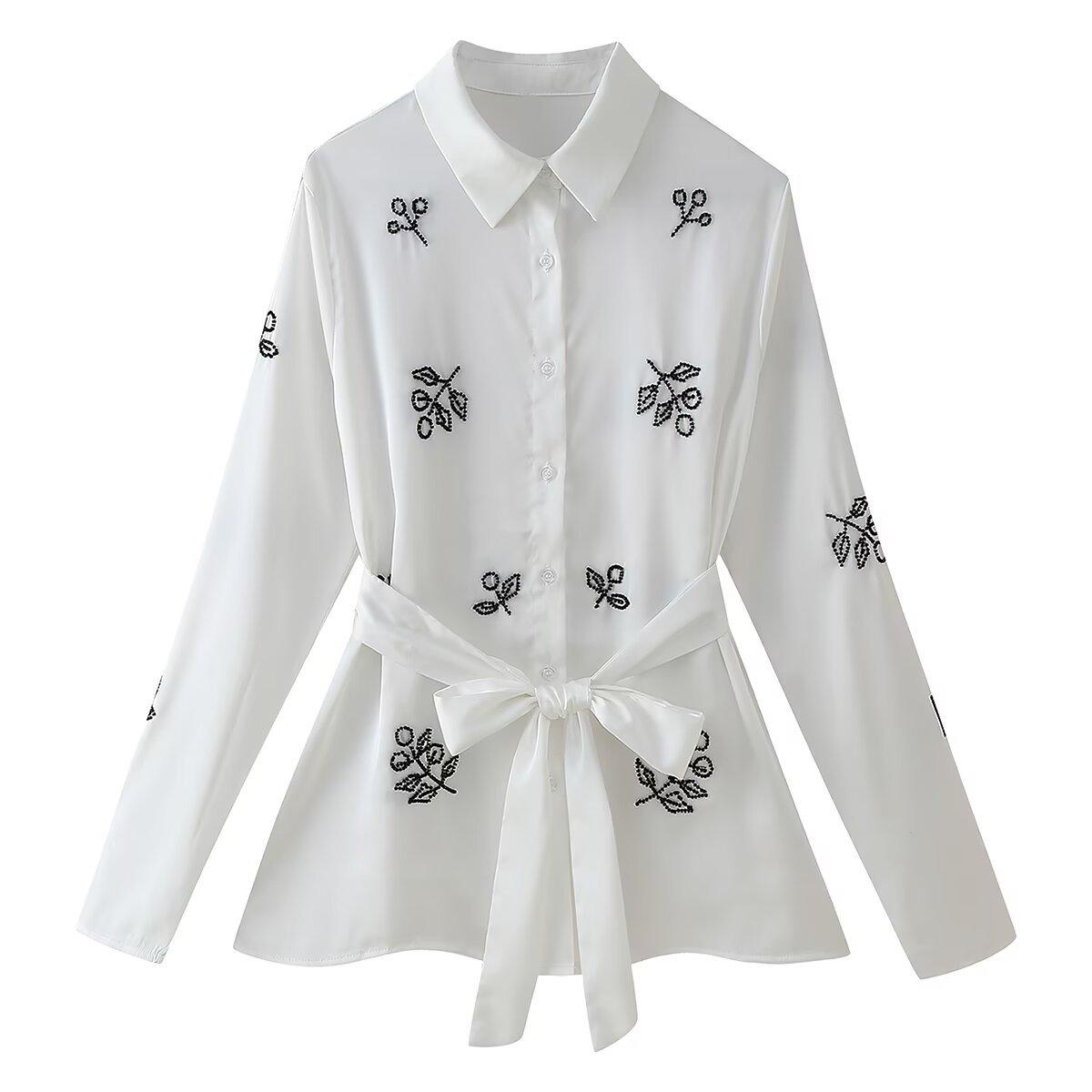 

2024 Осень Женская Европейская и Американская Мода Рубашка с Длинным Рукавом из Атласа с Бисерной Вышивкой Extra Small белый