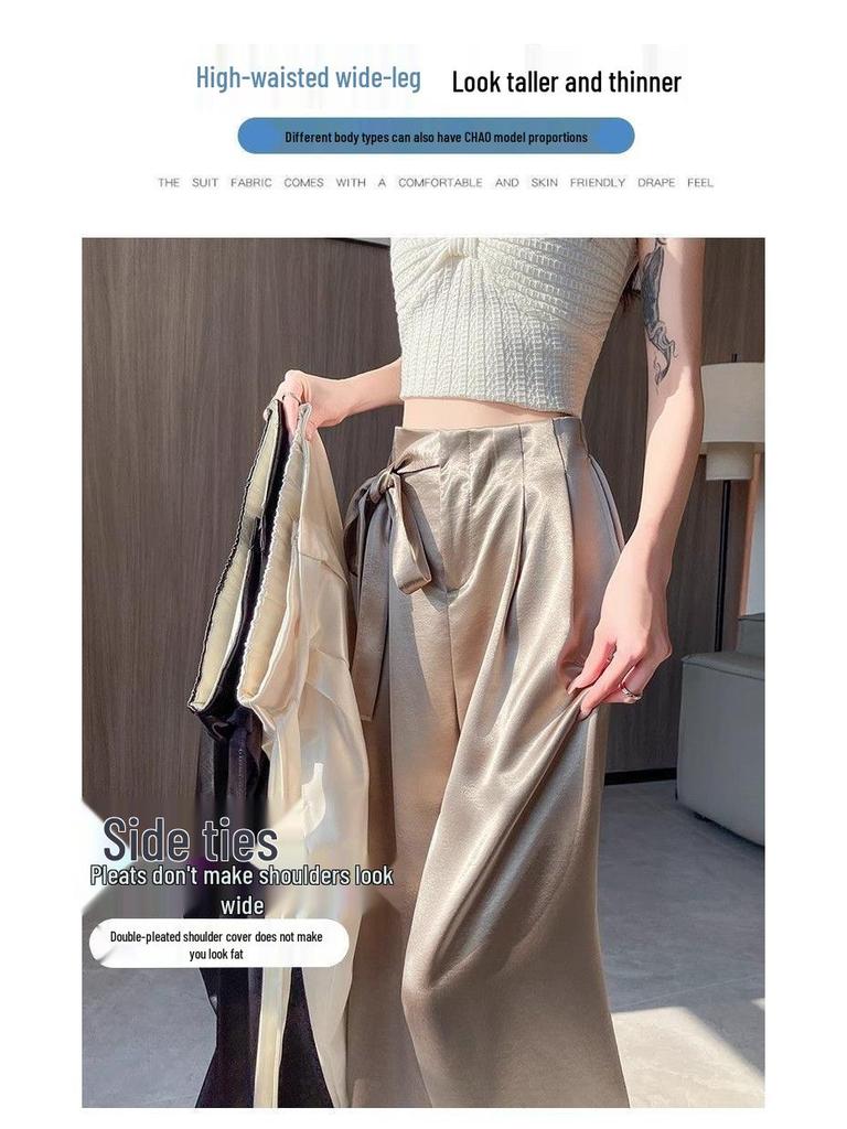 Women's Summer Acetate Satin Wide-Leg High-Waisted Pants with Tie-Up and Drape Design