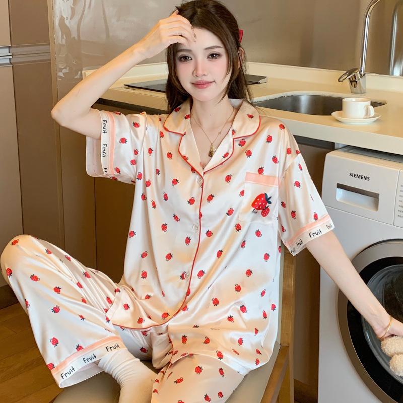 Ice Silk Pajamas Female Cute Wind Bear Summer High-End Cartoon Short-Sleeved Trousers Loungewear